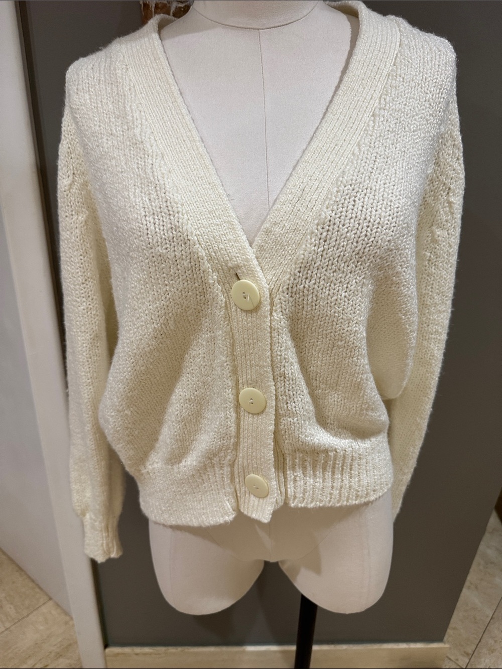 V-Neck Cream Button-Front Women's Cardigan Sweater